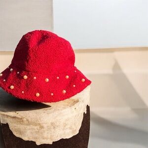 Burgundy Bucket Hat with Faux Pearl Accents